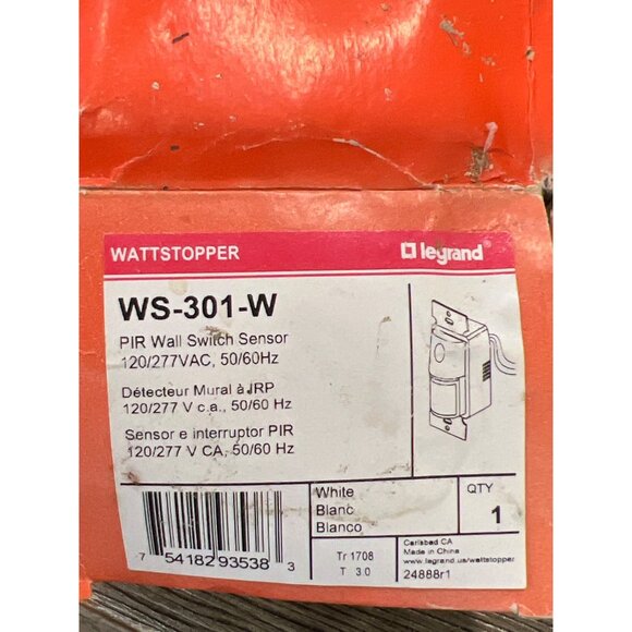 Wattstopper WS-301-W PIR Wall Switch Sensor 120/277VAC 50/60Hz White NOS Open Bo - Picture 2 of 2